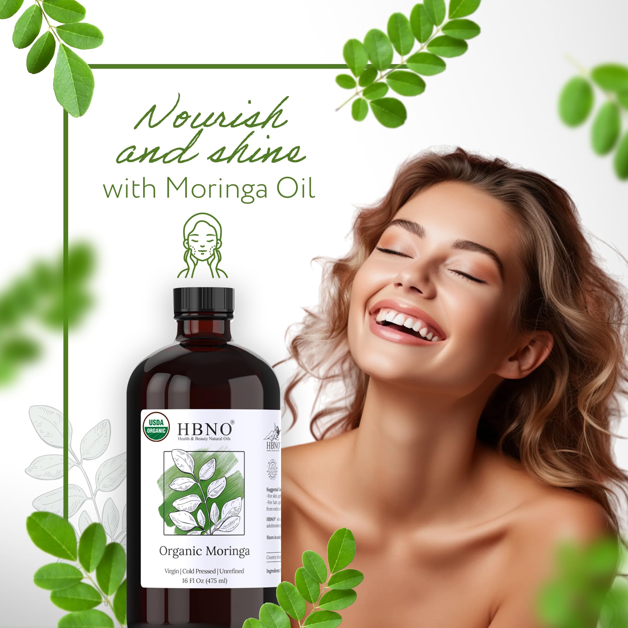 HBNO Moringa Oil perfect for skin and hair care routines at home.