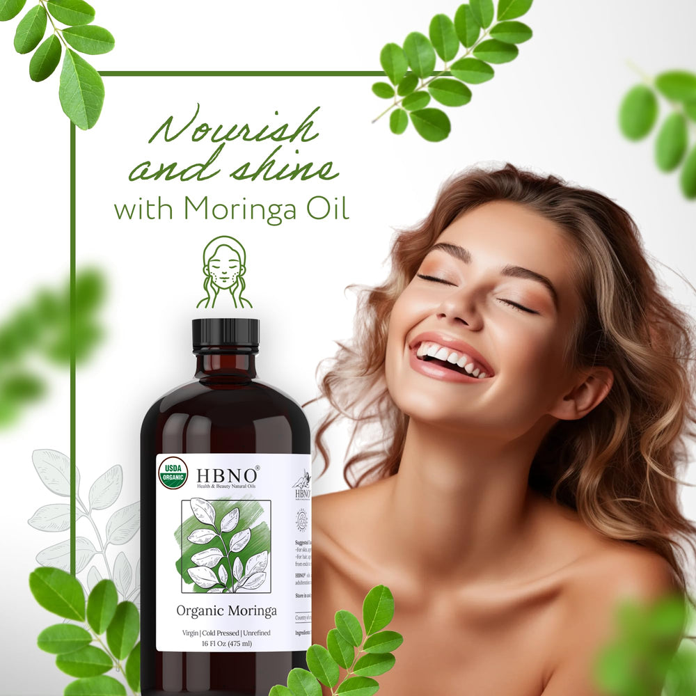HBNO Moringa Oil perfect for skin and hair care routines at home.