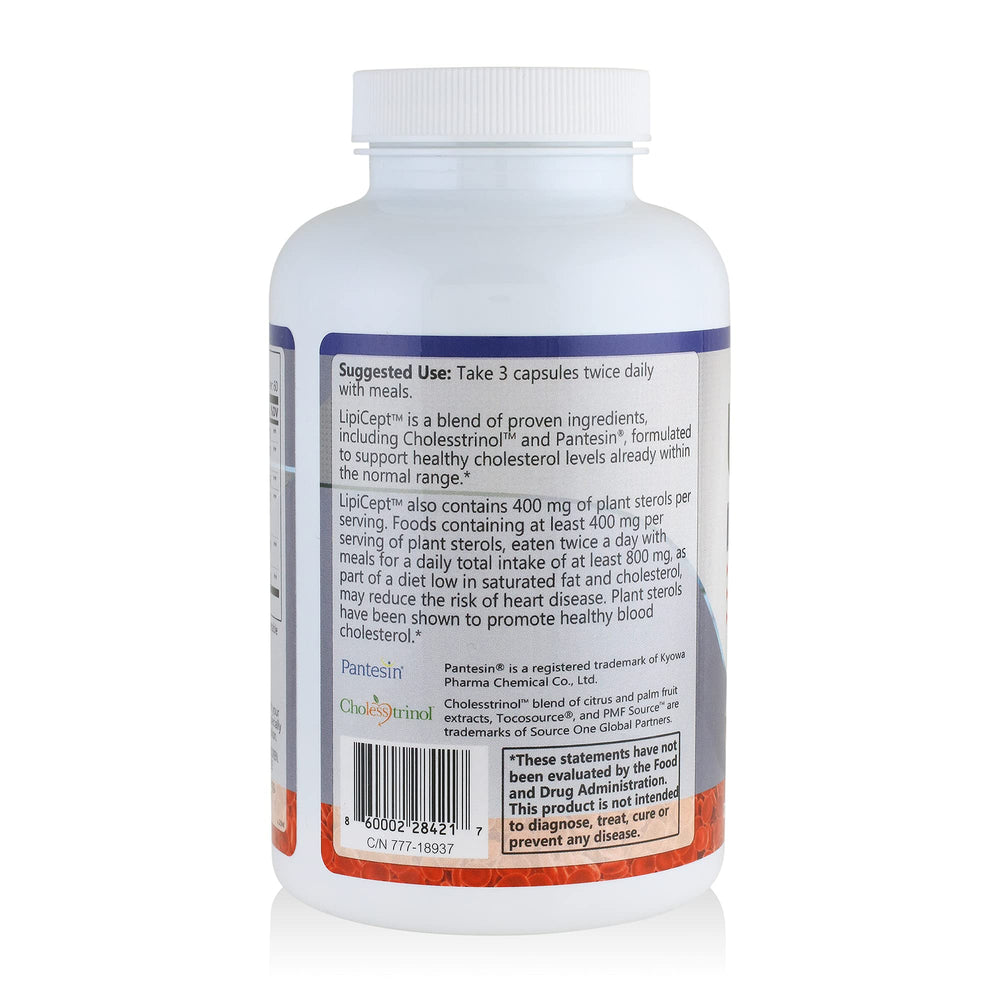 Close-up of LipiCept label featuring Cholesstrinol and pantethine