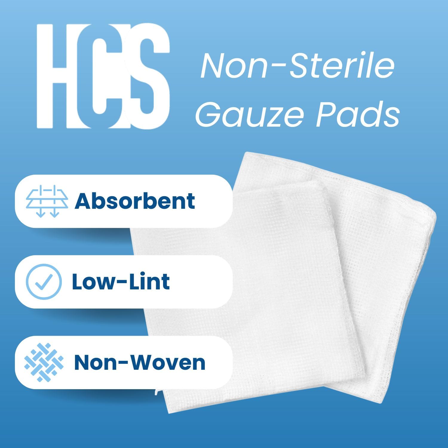 HCS 4x4 gauze sponges packaging display highlighting bulk, low-lint design.
