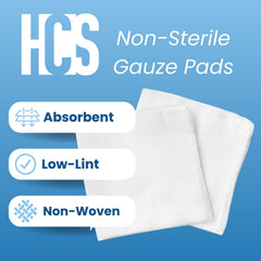 HCS 4x4 gauze sponges packaging display highlighting bulk, low-lint design.