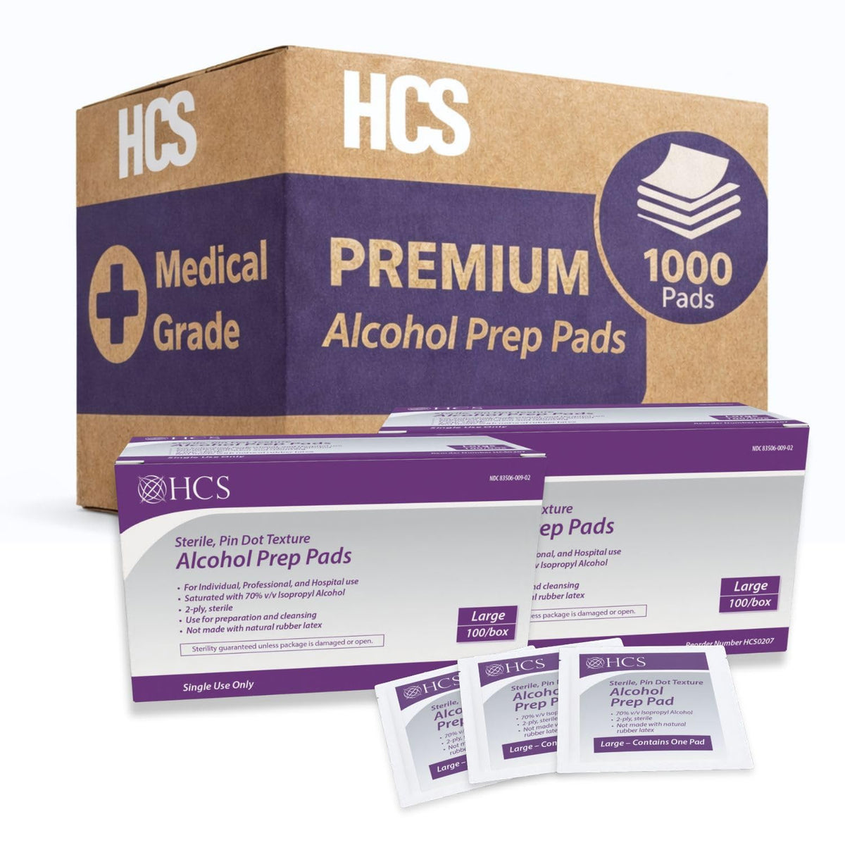HCS Medical Solutions bulk large alcohol prep pad with textured surface for effective skin prep.