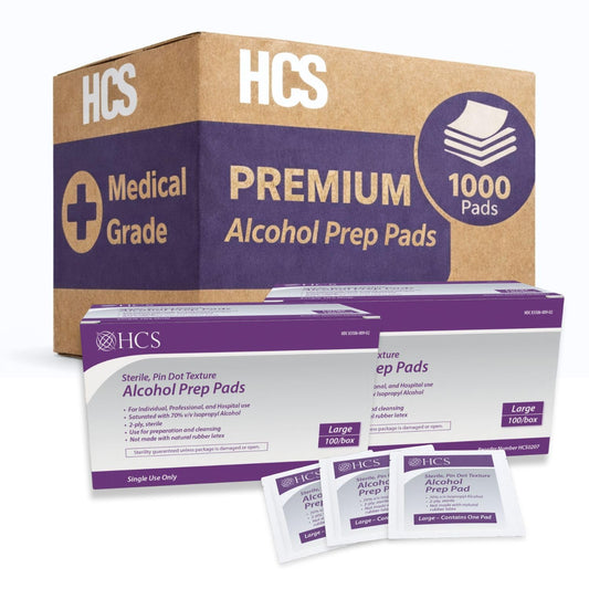 HCS Medical Solutions bulk large alcohol prep pad with textured surface for effective skin prep.
