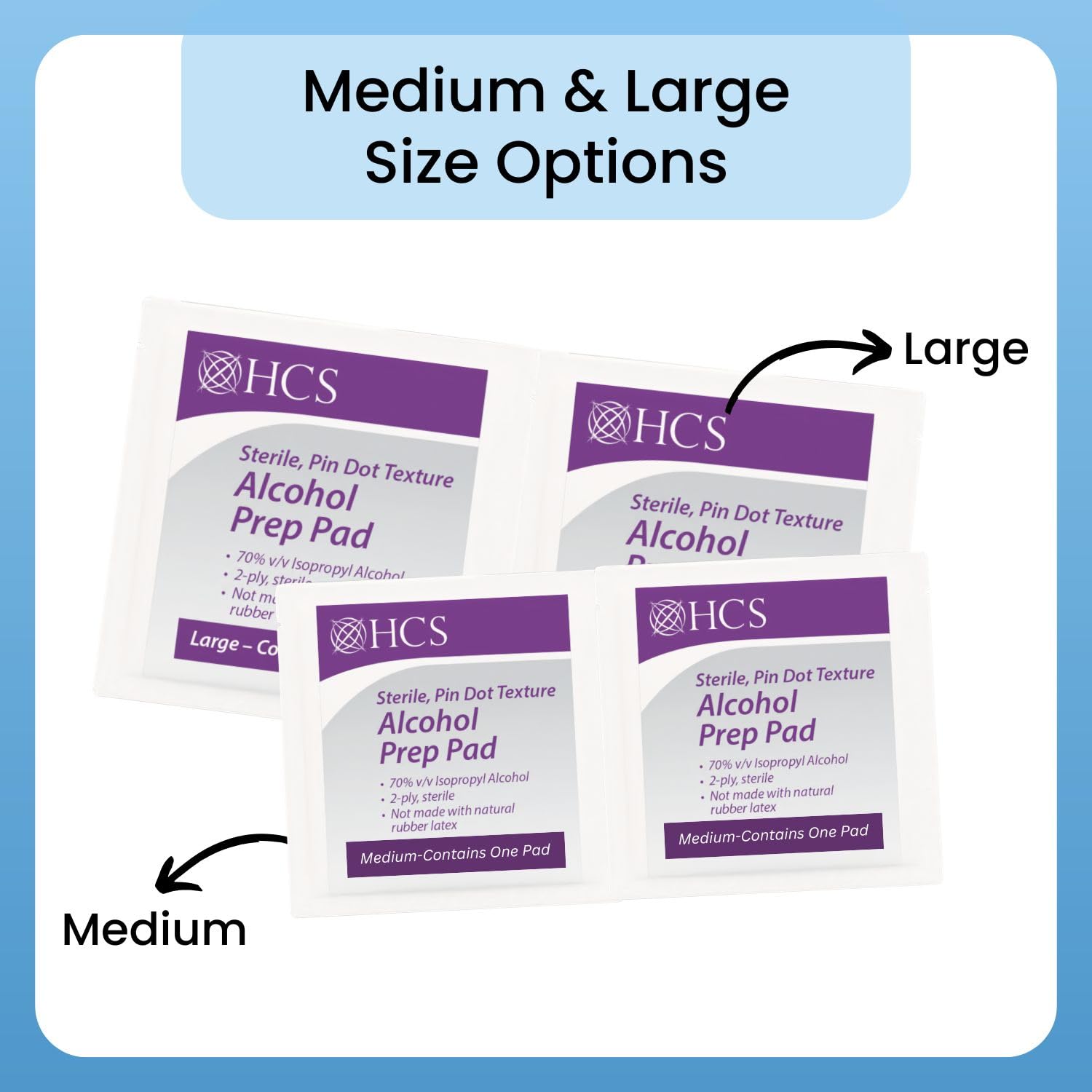 HCS sterile pads come in a 1000-count case for bulk use.