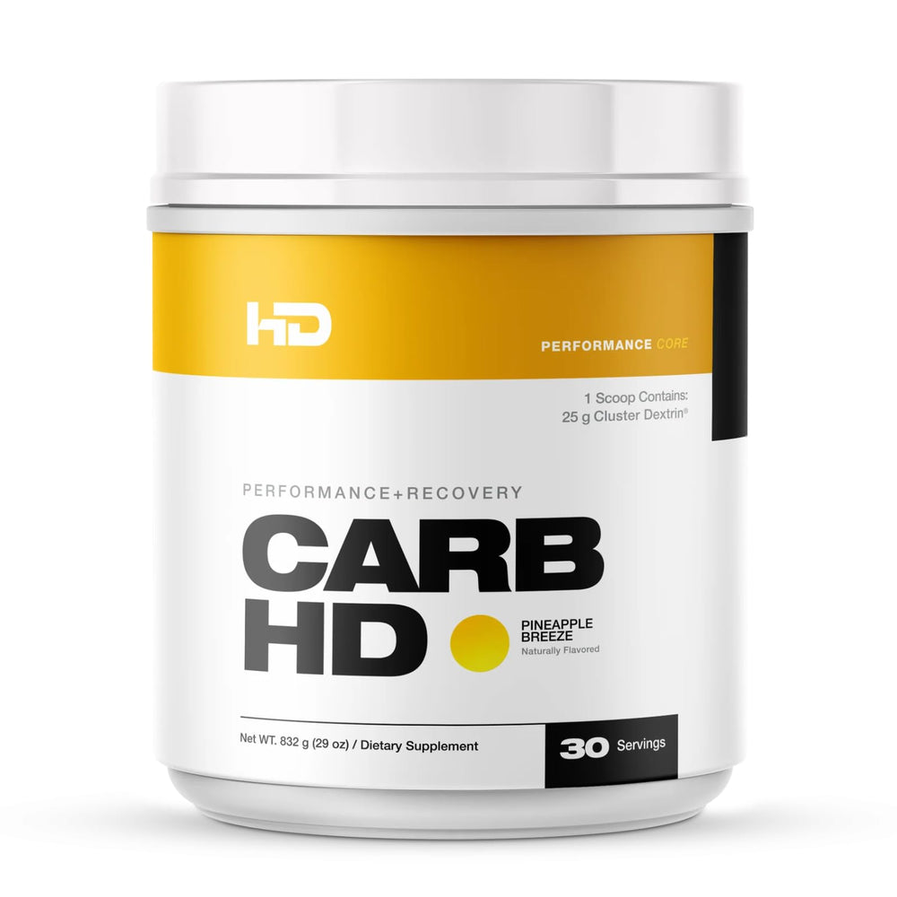 HD Muscle CarbHD Pineapple Breeze tub highlighting sustained energy and hydration for workouts