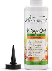 Head Hunters WipeOut bottle front view showing a non-toxic lice treatment for family use.