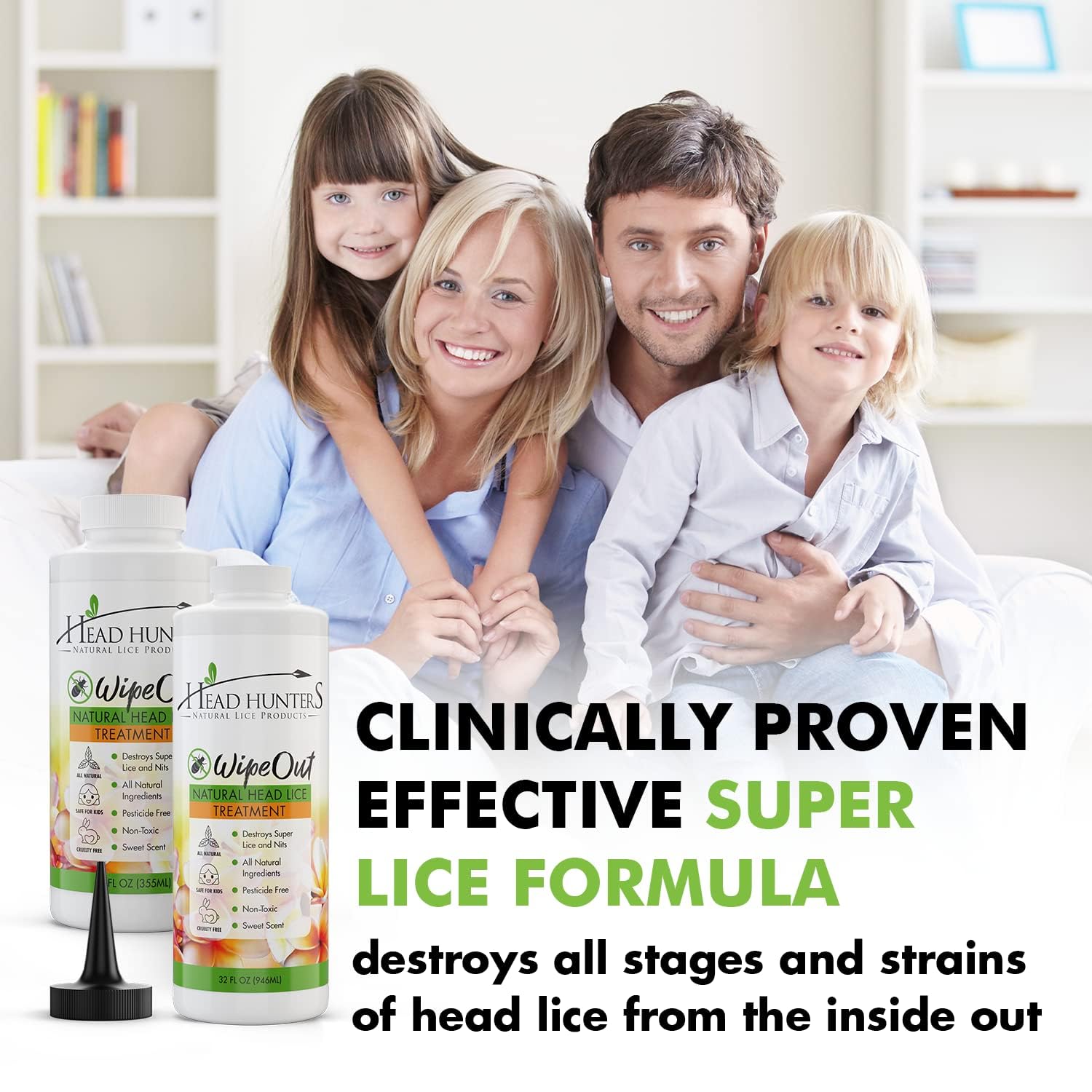 Head Hunters WipeOut ingredients like sage and chamomile highlight natural lice care.