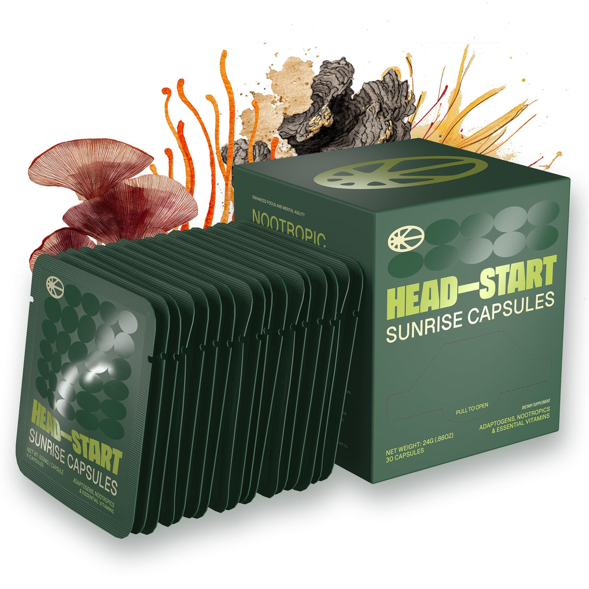 HEAD-START Sunrise bottle front shows premium nootropic blend for focus and energy.