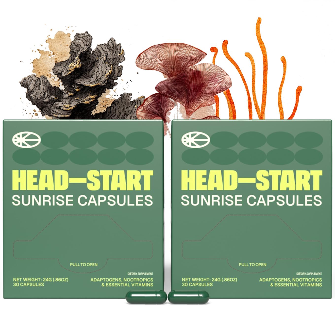 HEAD-START Sunrise Capsules bottle front showing focus and energy benefits