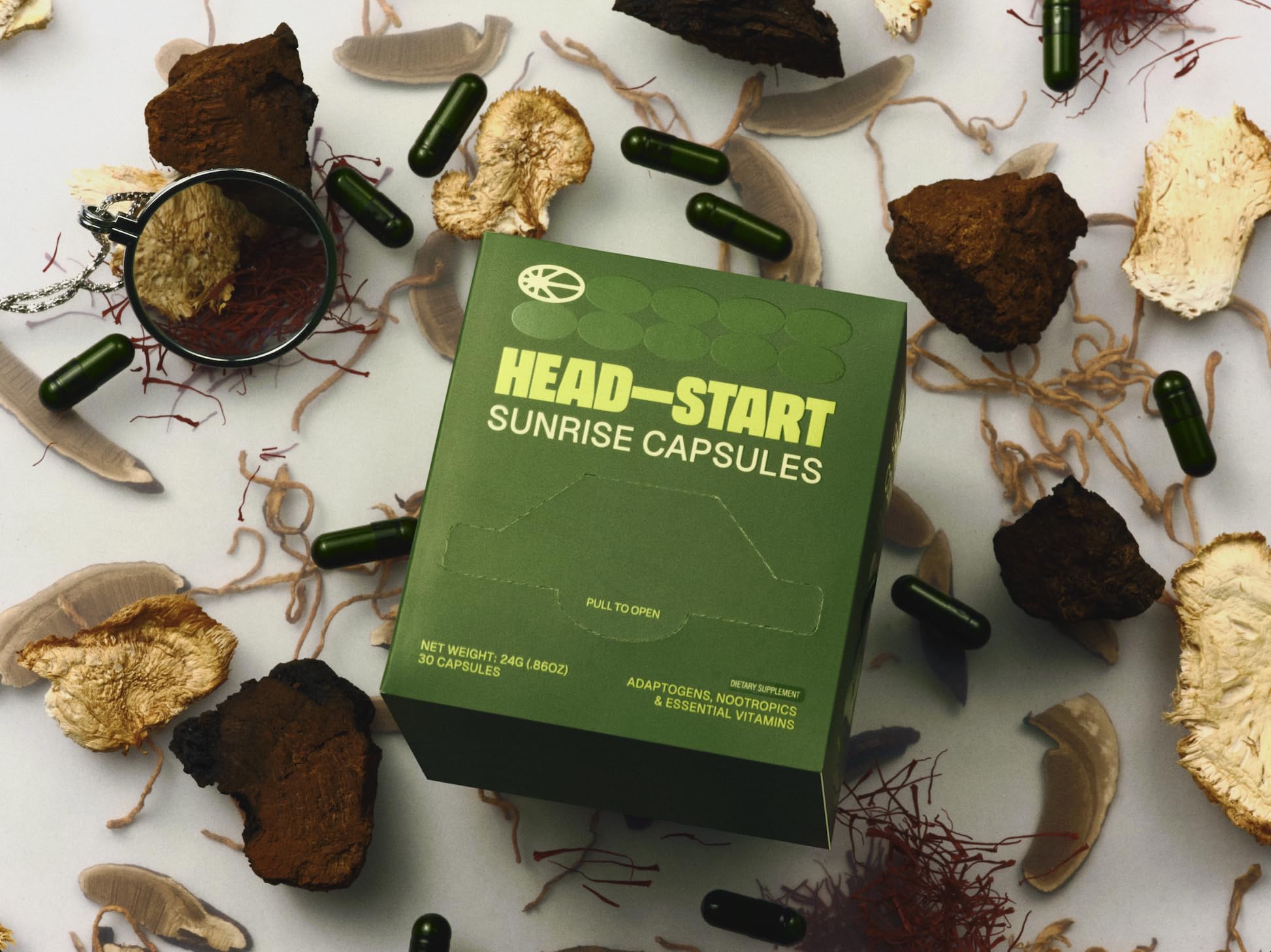 HEAD-START Sunrise Capsules label detail showcasing Lion’s Mane and green tea ingredients
