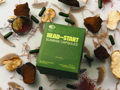 HEAD-START Sunrise Capsules label detail showcasing Lion’s Mane and green tea ingredients