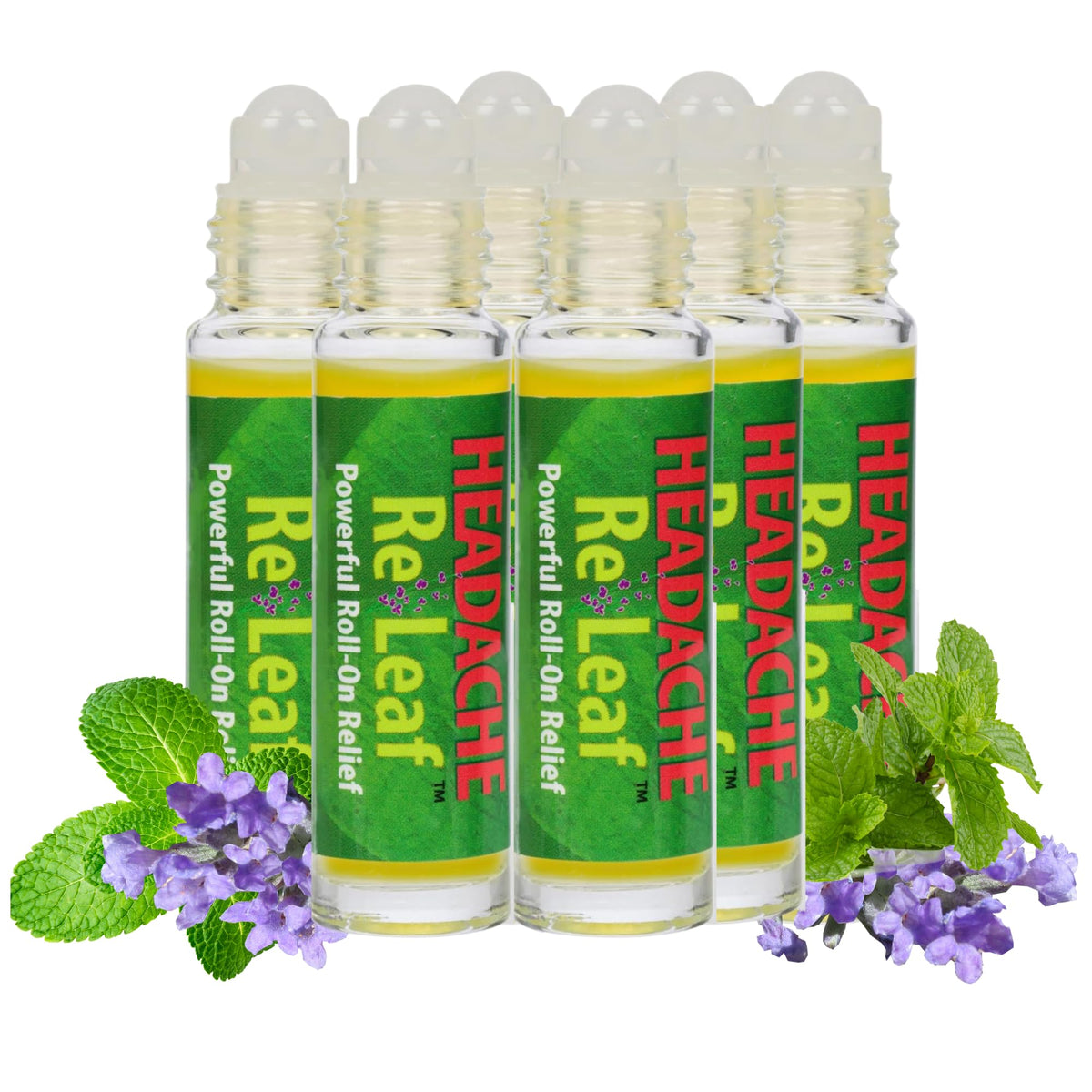 Headache Re Leaf roll-on 6-pack for on-the-go tension relief with calming aromatherapy.