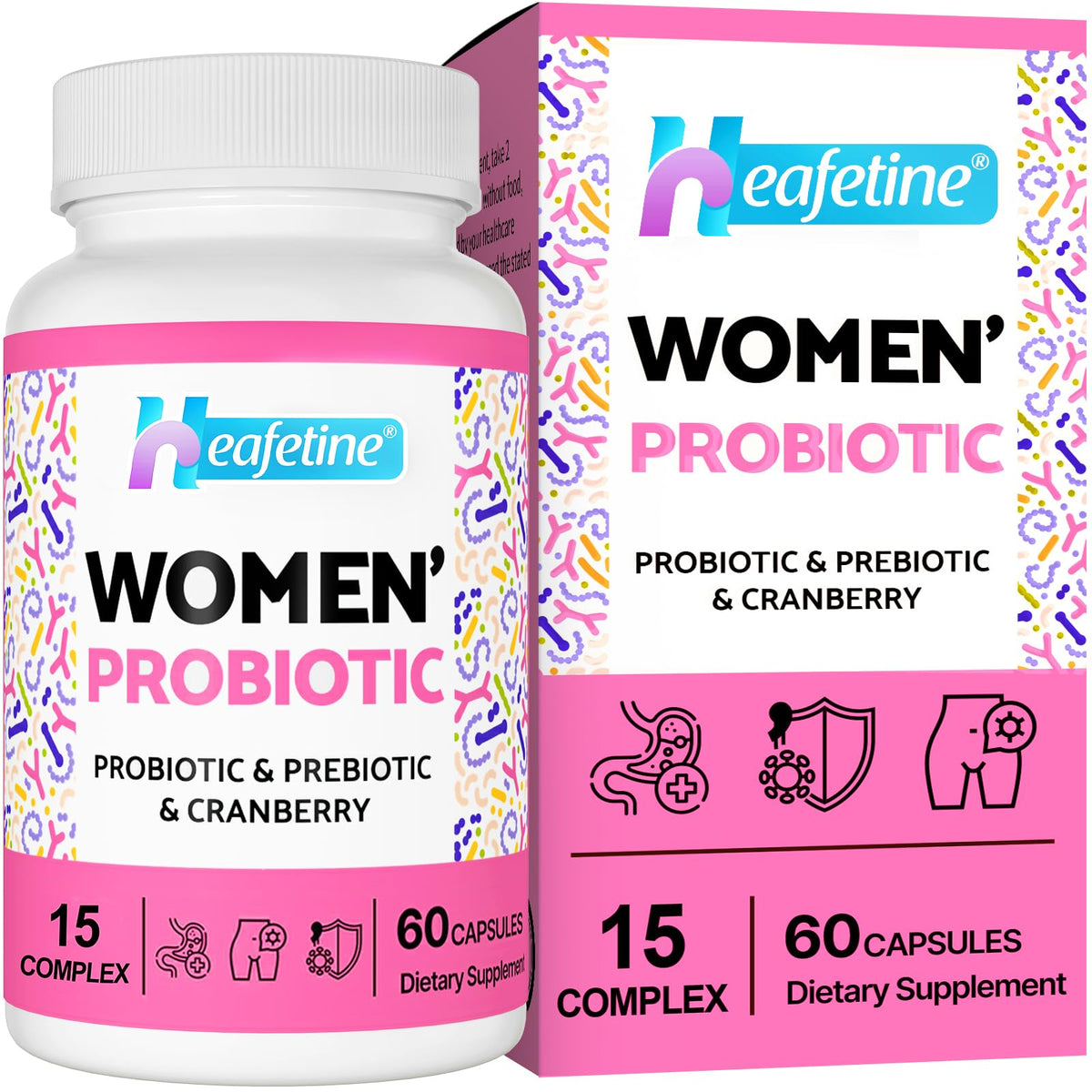 Heafetine Vaginal Probiotics capsules bottle front offering 300B CFUs for women's health