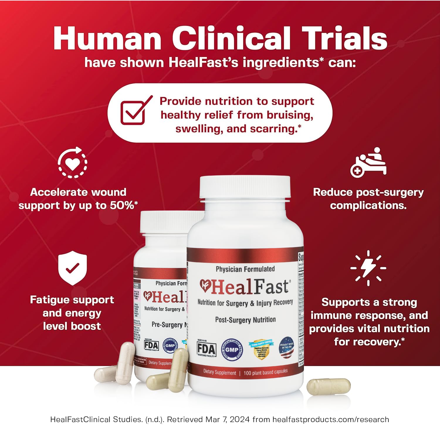 HealFast capsules showcase vitamins, minerals, probiotics for surgical recovery.
