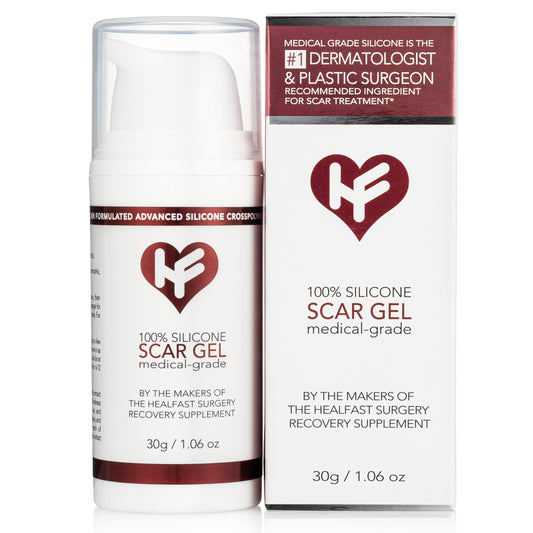 HealFast silicone scar gel packaging shown for discreet at-home scar care