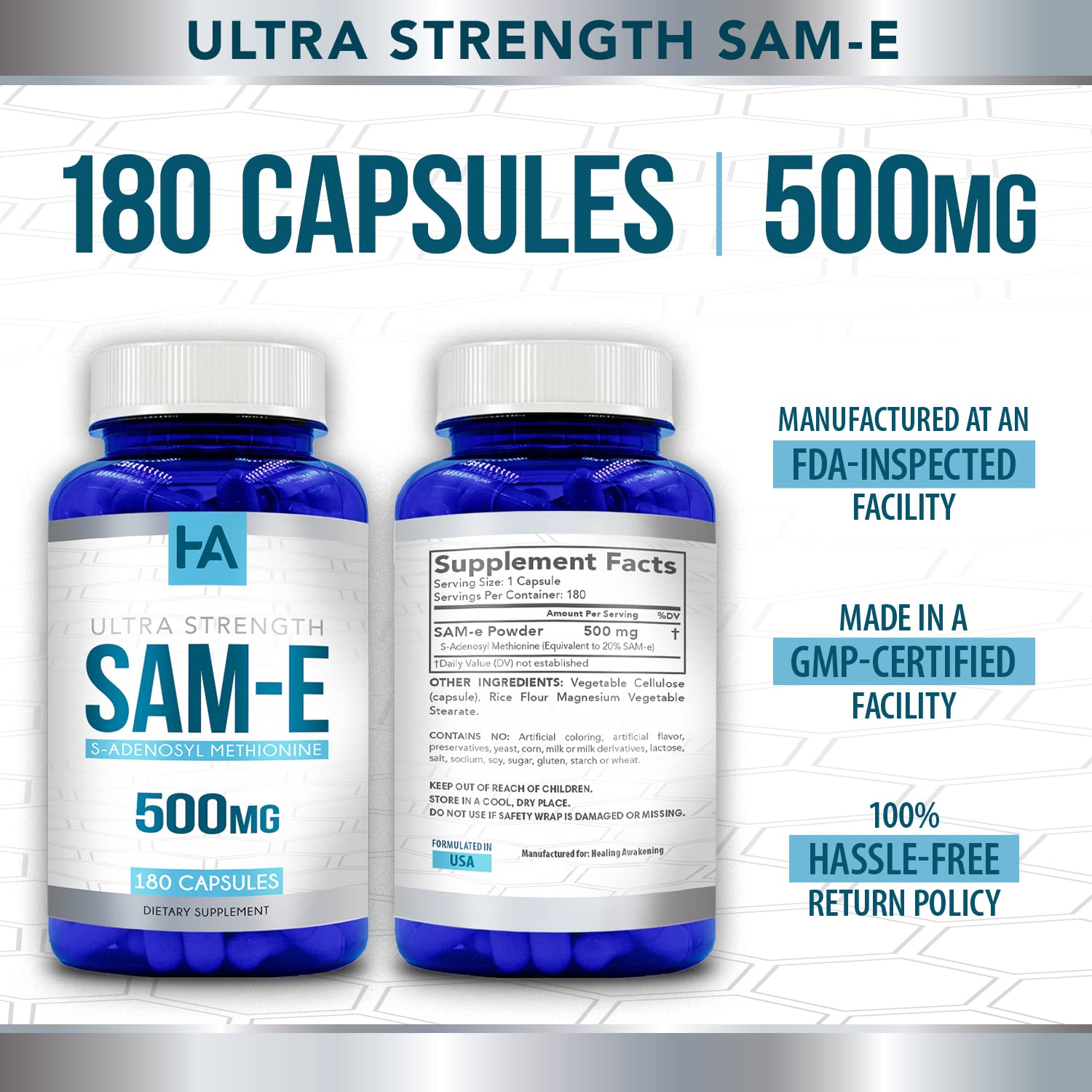 Healing Awakening SAM-e veggie capsules in bottle showcase convenient daily dosage.