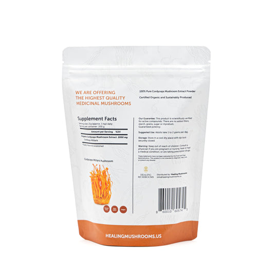 Healing Mushrooms Cordyceps powder jar ready to add to coffee, tea, or smoothies.