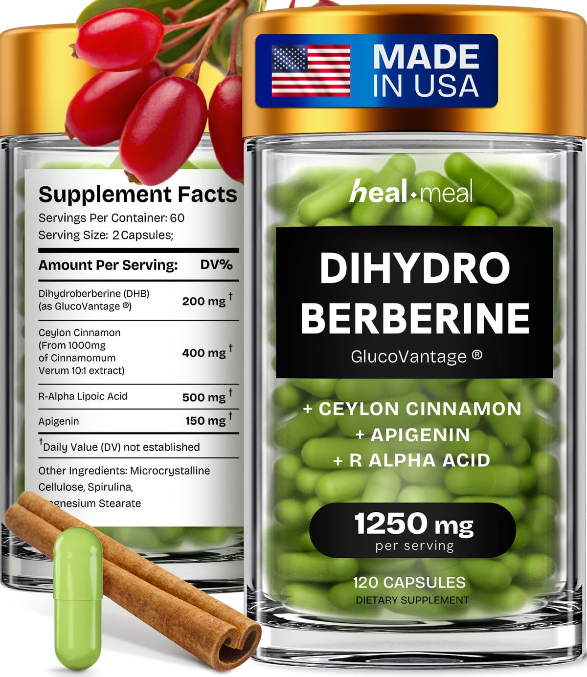 HealMeal Dihydroberberine bottle front with compact capsules for daily ease.