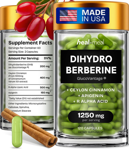 HealMeal Dihydroberberine bottle front with compact capsules for daily ease.