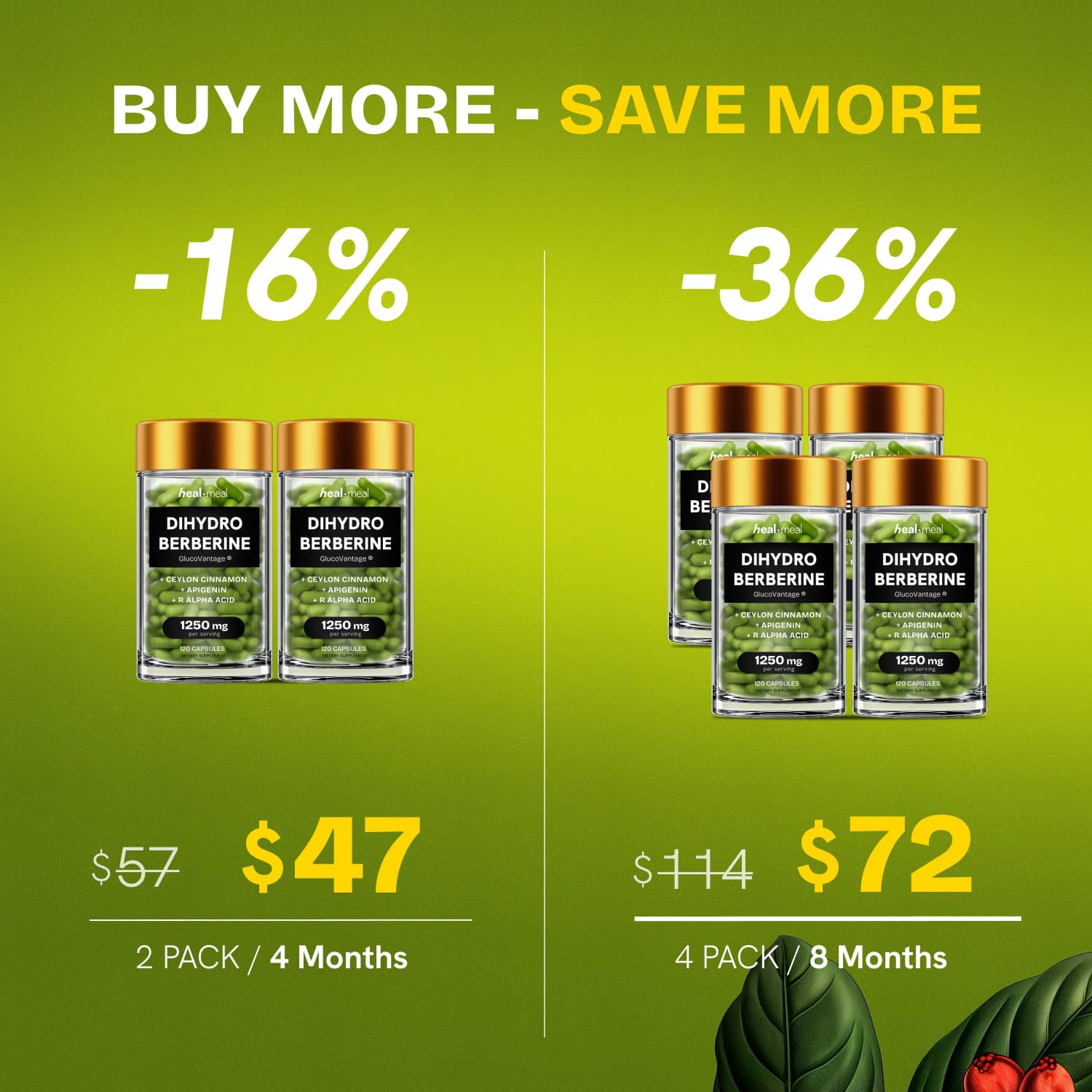 HealMeal Dihydroberberine bottle highlights cinnamon ingredient for flavor and synergy