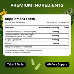 HealMeal Dihydroberberine label notes R-Alpha Lipoic Acid for a balanced formula
