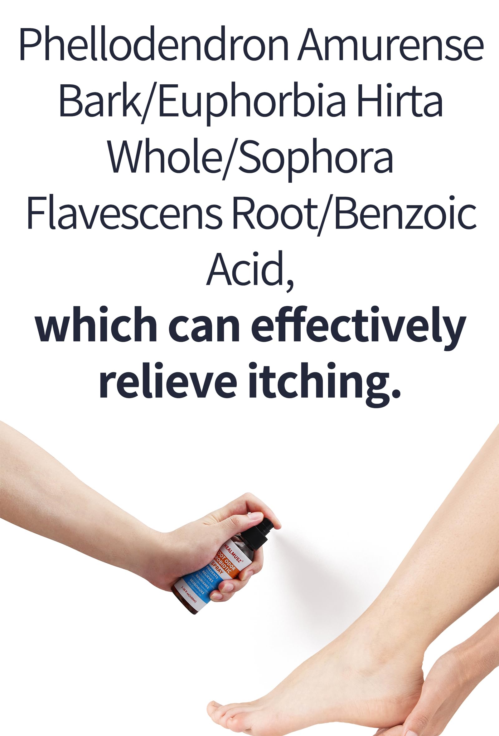 HEALMUSZ Foot Fungus Spray application on foot demonstrates quick odor relief.