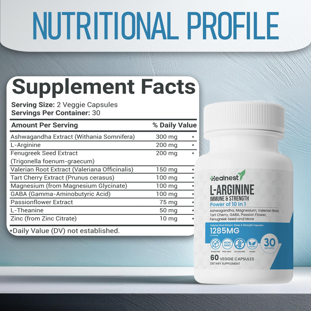 HEALNEST ashwagandha and L-theanine ingredients indicate calm focus support.