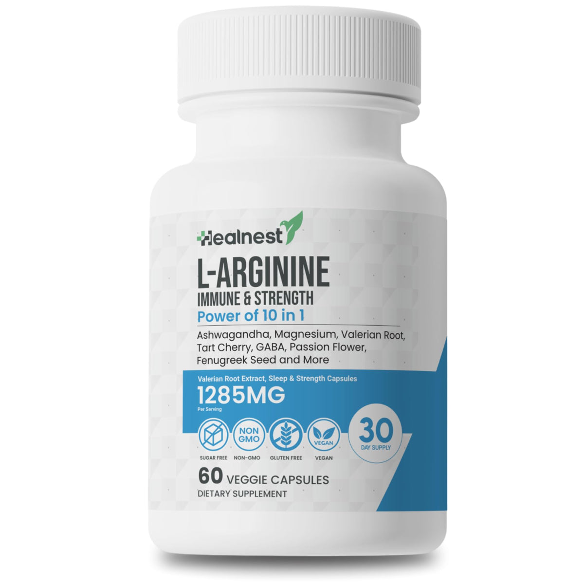 HEALNEST L-Arginine bottle display shows vegan capsules for vitality.