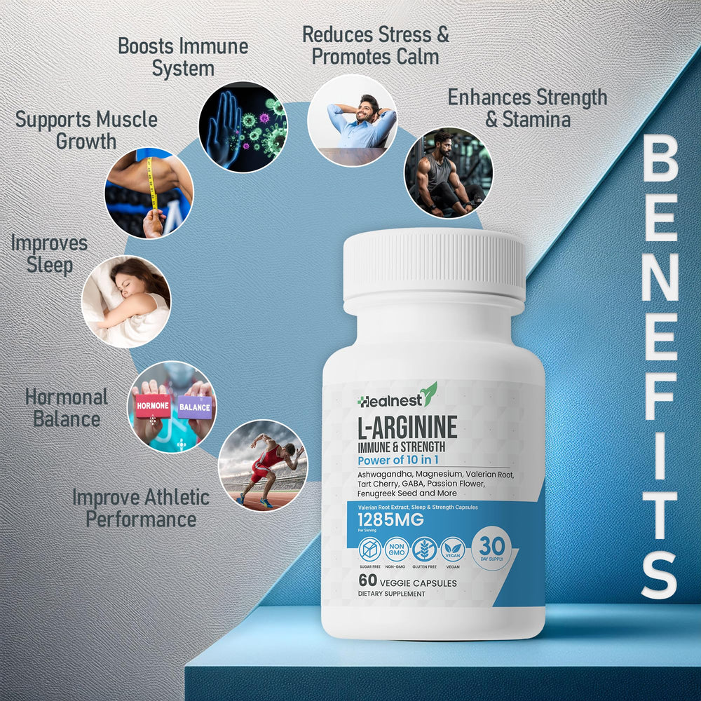 HEALNEST L-Arginine capsules close-up highlights capsule texture and purity for daily use.
