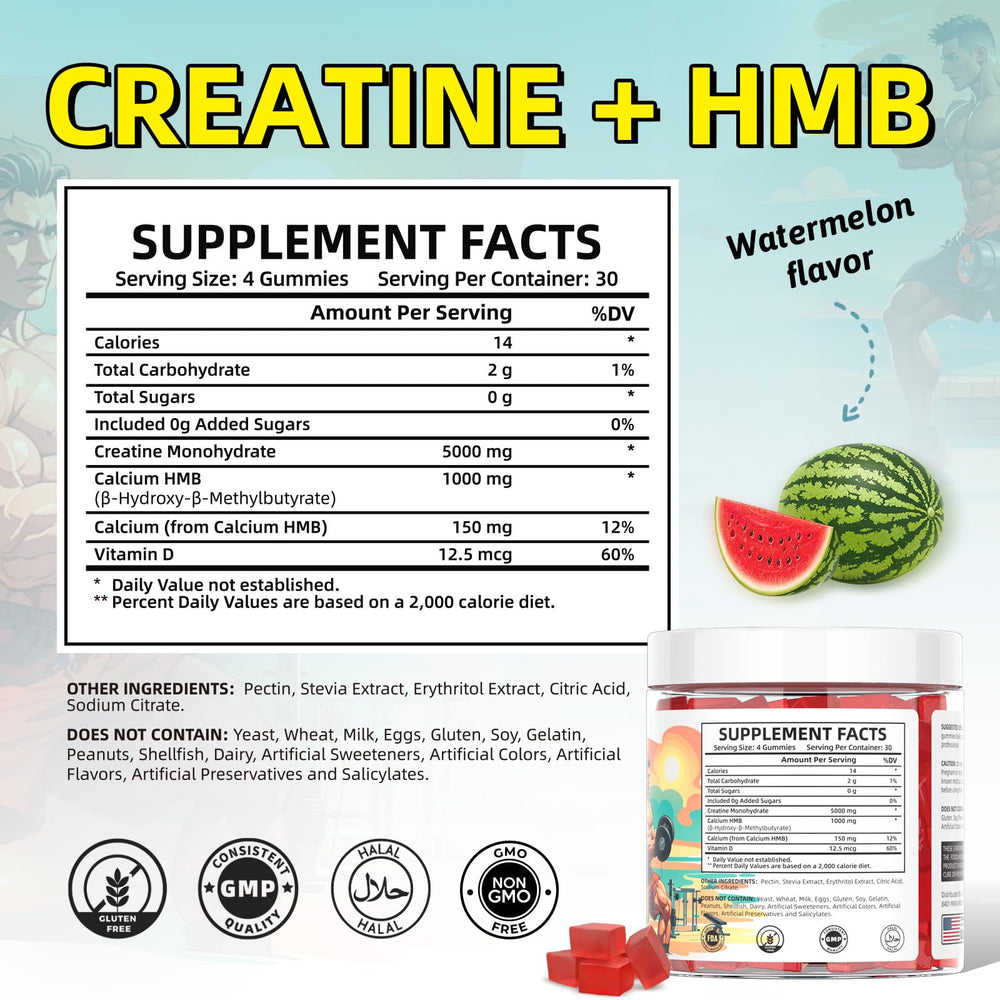 HEALOADING creatine and HMB gummies label close-up showing precise dosing