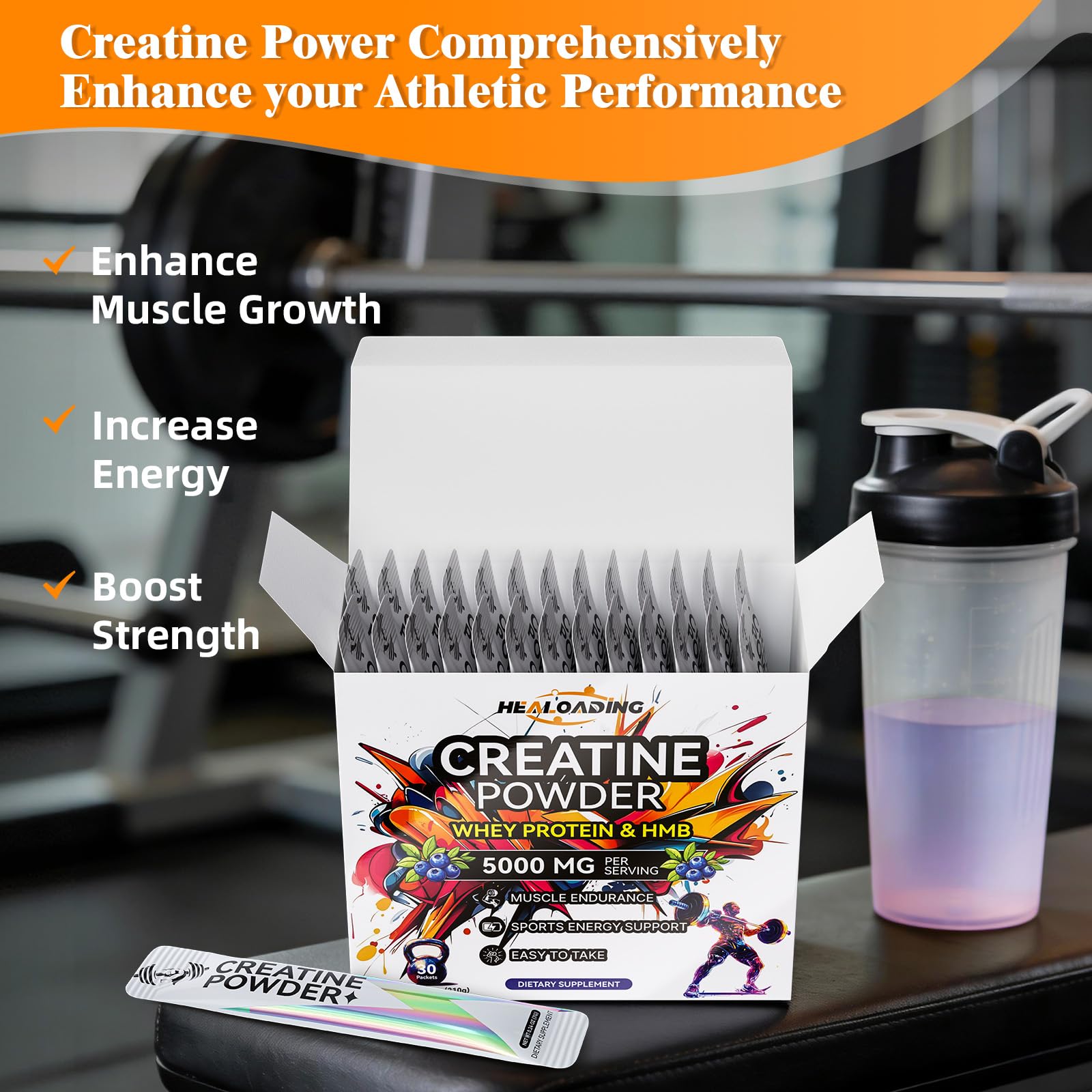 HEALOADING creatine monohydrate scoop demonstrates precise dosing for workouts and progression.