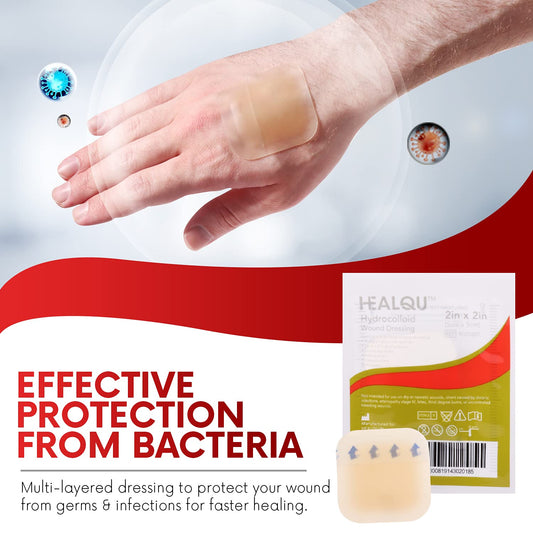 Healqu hydrocolloid dressing box side view highlighting sterile packaging.