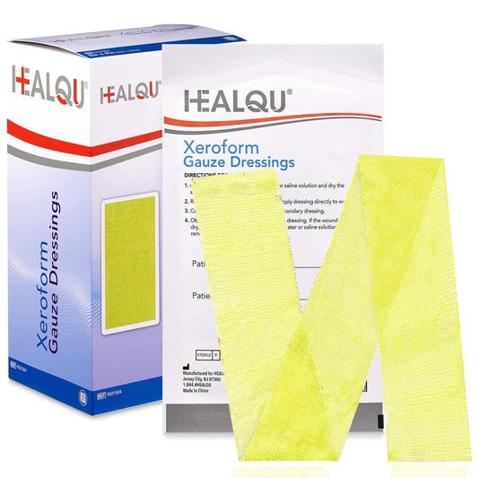 Healqu Xeroform dressing in sterile packaging for ready-to-use wound care.