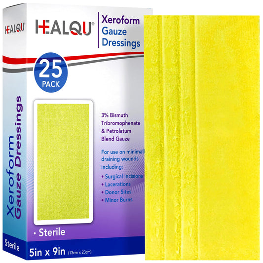 Healqu Xeroform 5x9 box of 25 sterile dressings for wound care.
