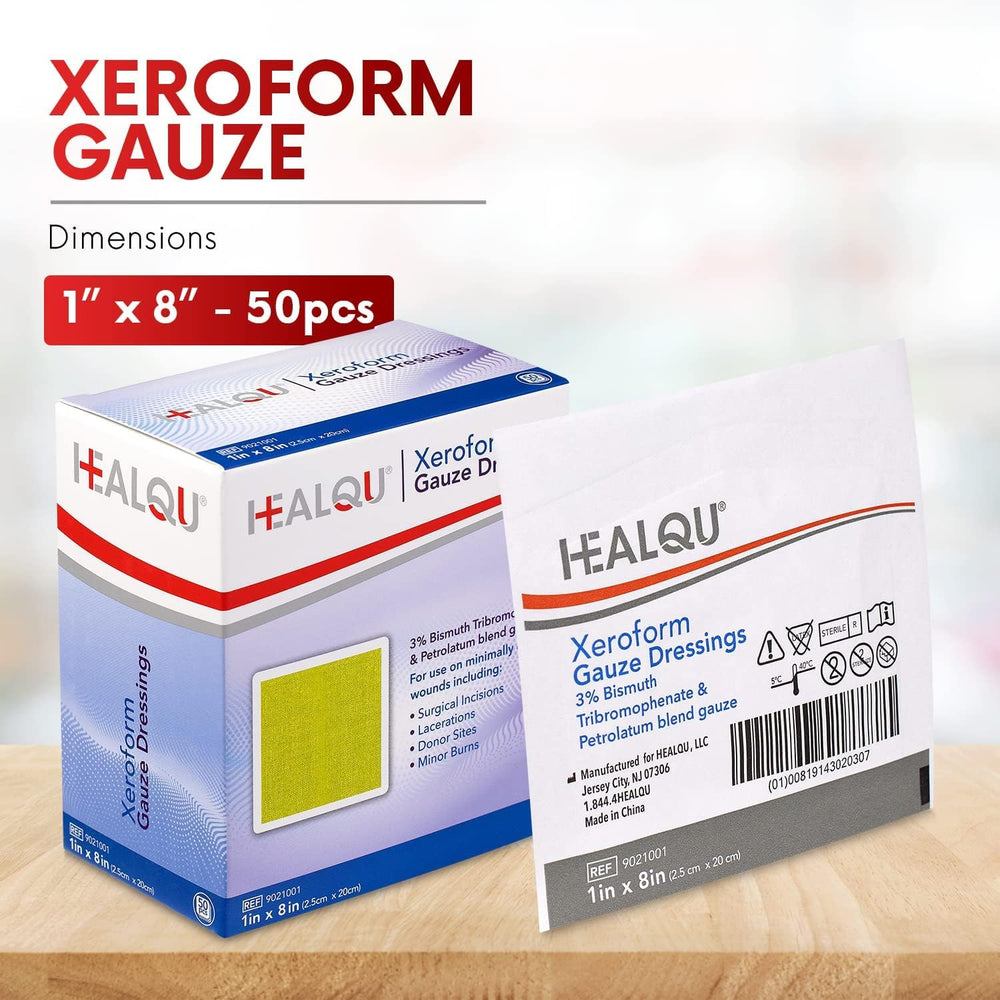 Healqu Xeroform dressing suitable for burns and lacerations.