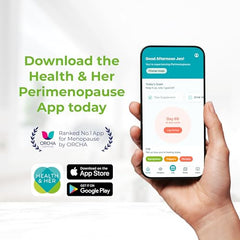 Health & Her menopause app screenshot shows tracking and reminders.