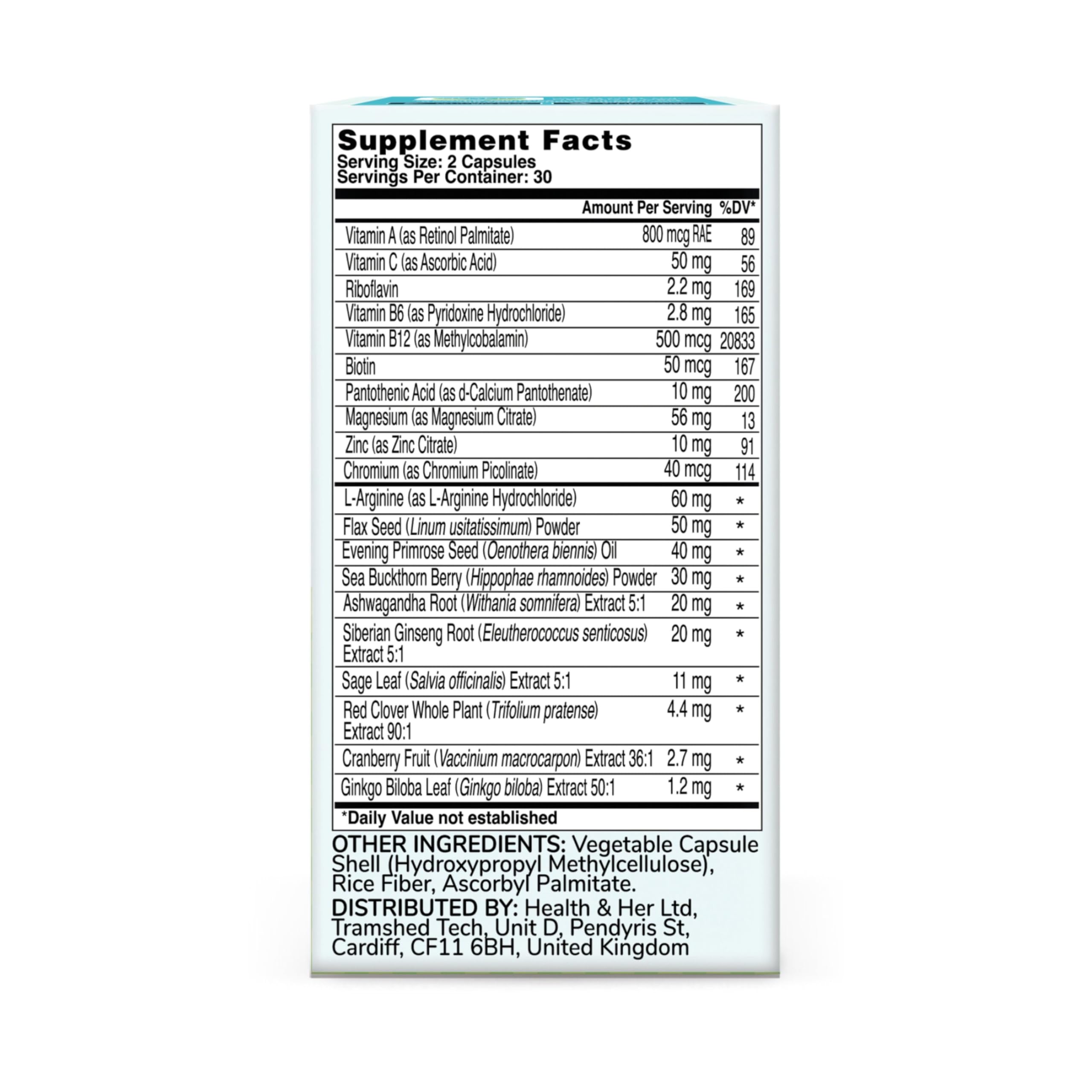 Health & Her menopause ashwagandha capsule close-up signals adaptogen support.
