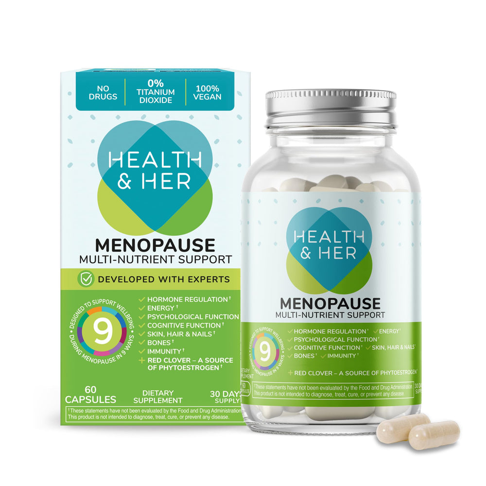 Health & Her menopause bottle front promotes daily wellbeing with a broad multi-nutrient formula.
