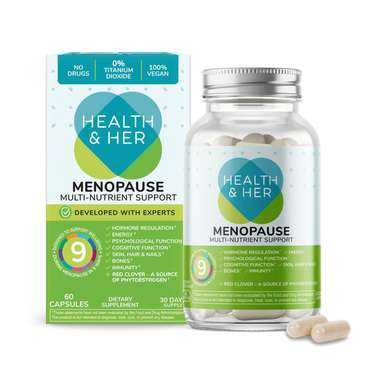 Health & Her menopause bottle front promotes daily wellbeing with a broad multi-nutrient formula.