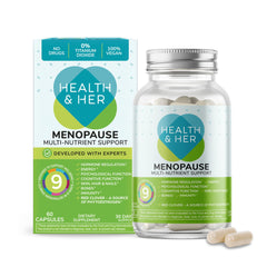Health & Her menopause bottle front promotes daily wellbeing with a broad multi-nutrient formula.