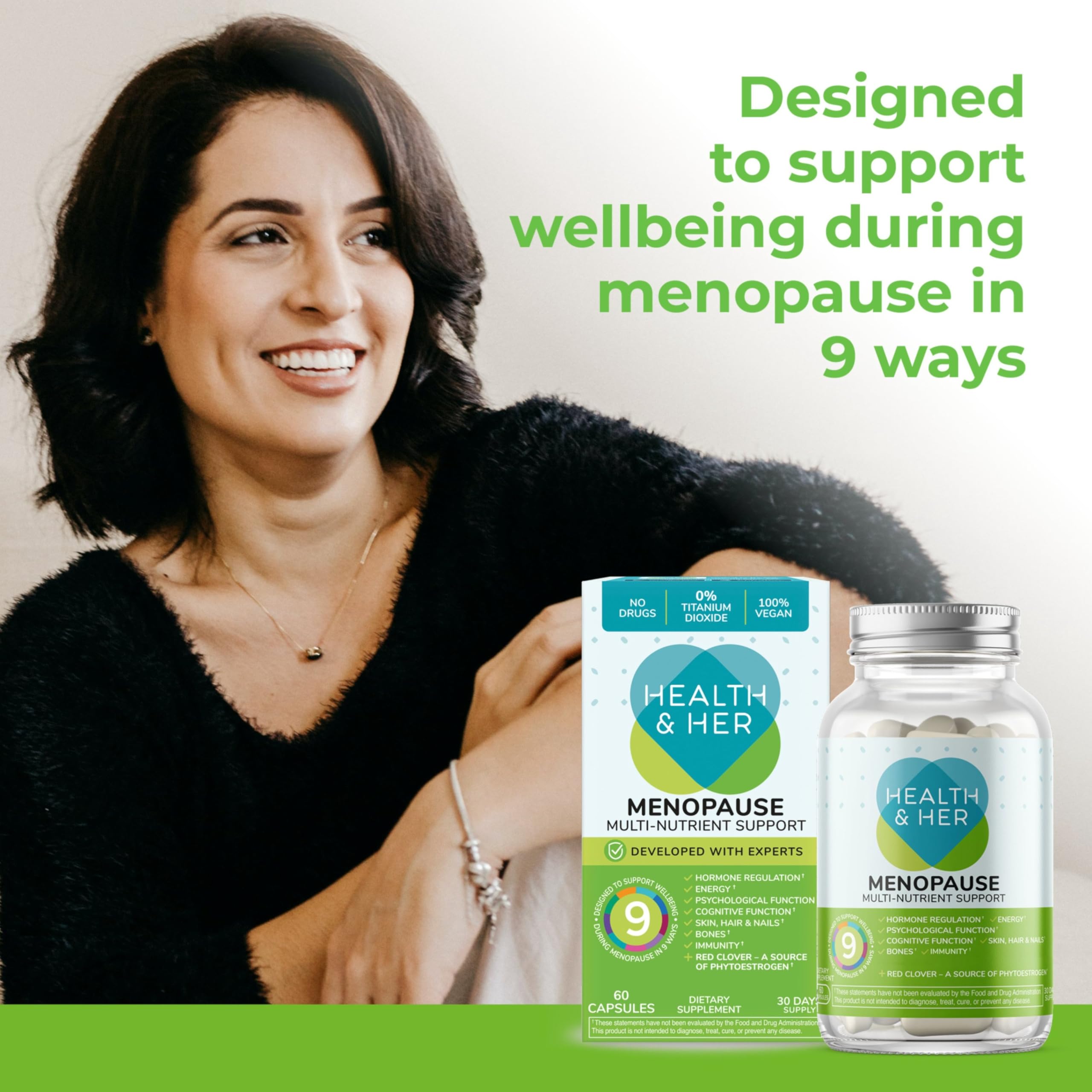 Health & Her menopause seabuckthorn bottle illustrates nutrient-rich selection.