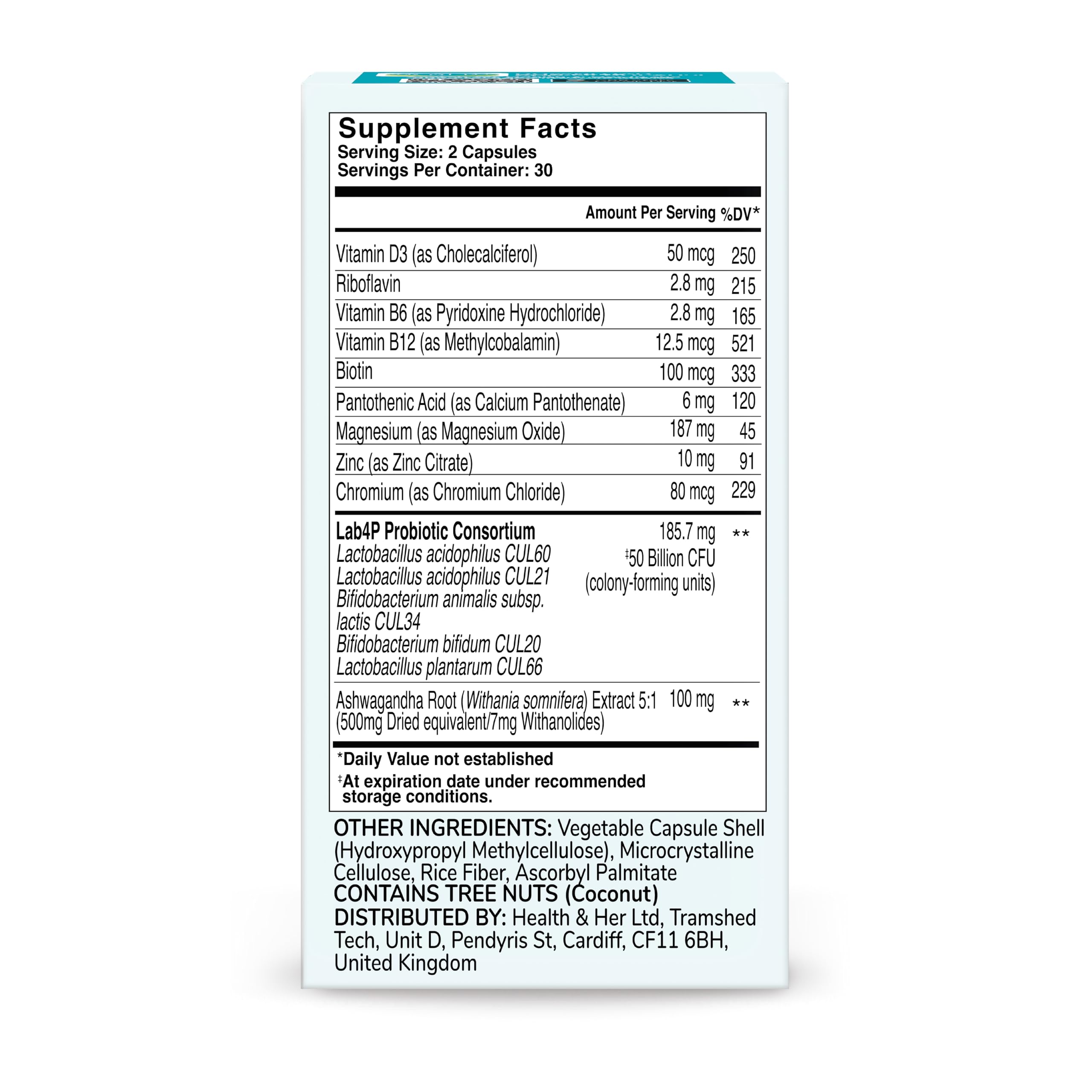 Health and Her natural ingredient panel shows phytoestrogen-free formulation.