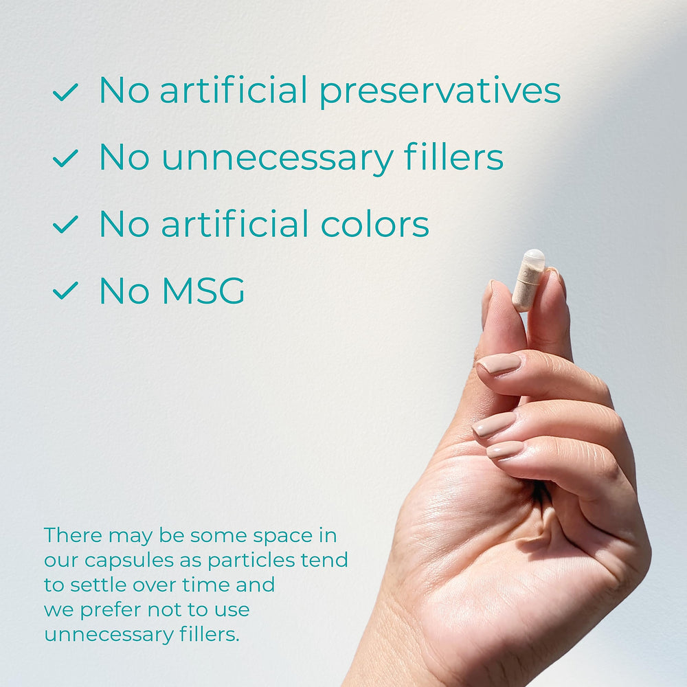 Close view of capsules and natural ingredients listed for perimenopause support.