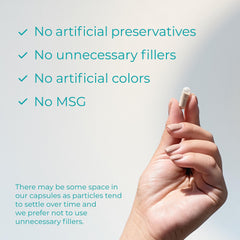 Close view of capsules and natural ingredients listed for perimenopause support.