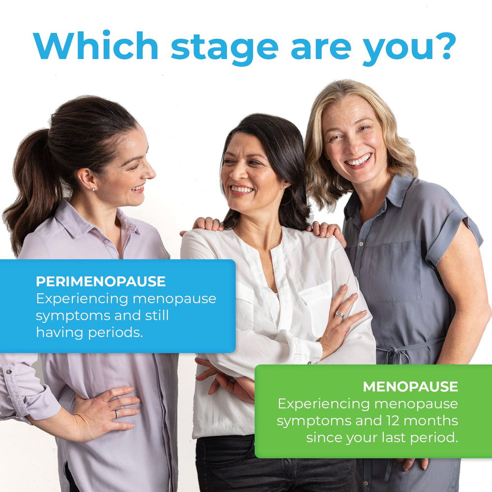 Health and Her Perimenopause packaging emphasizes vegan and gluten-free daily supplement claims.