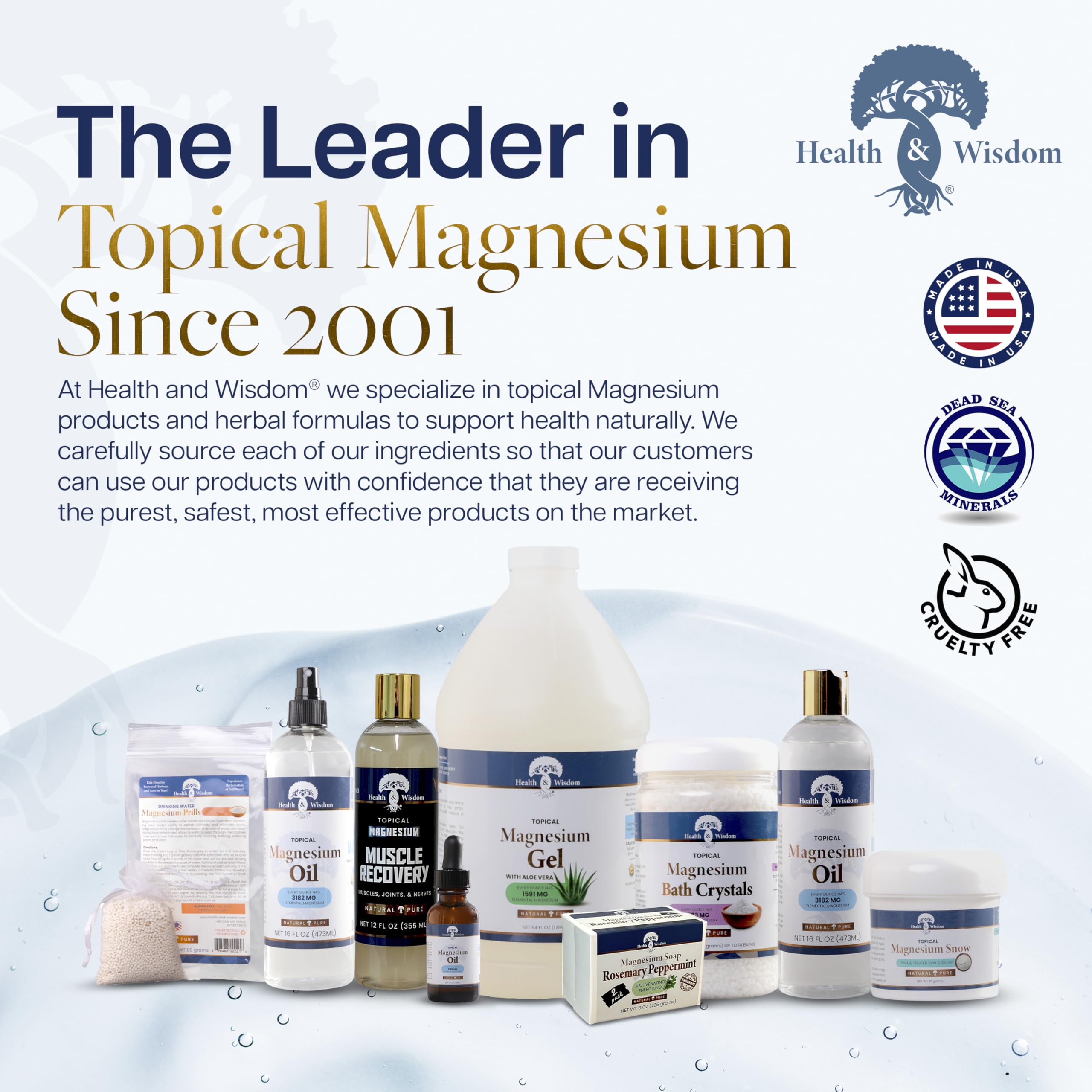 Health and Wisdom pure magnesium gel packaging label emphasizes gentle formula