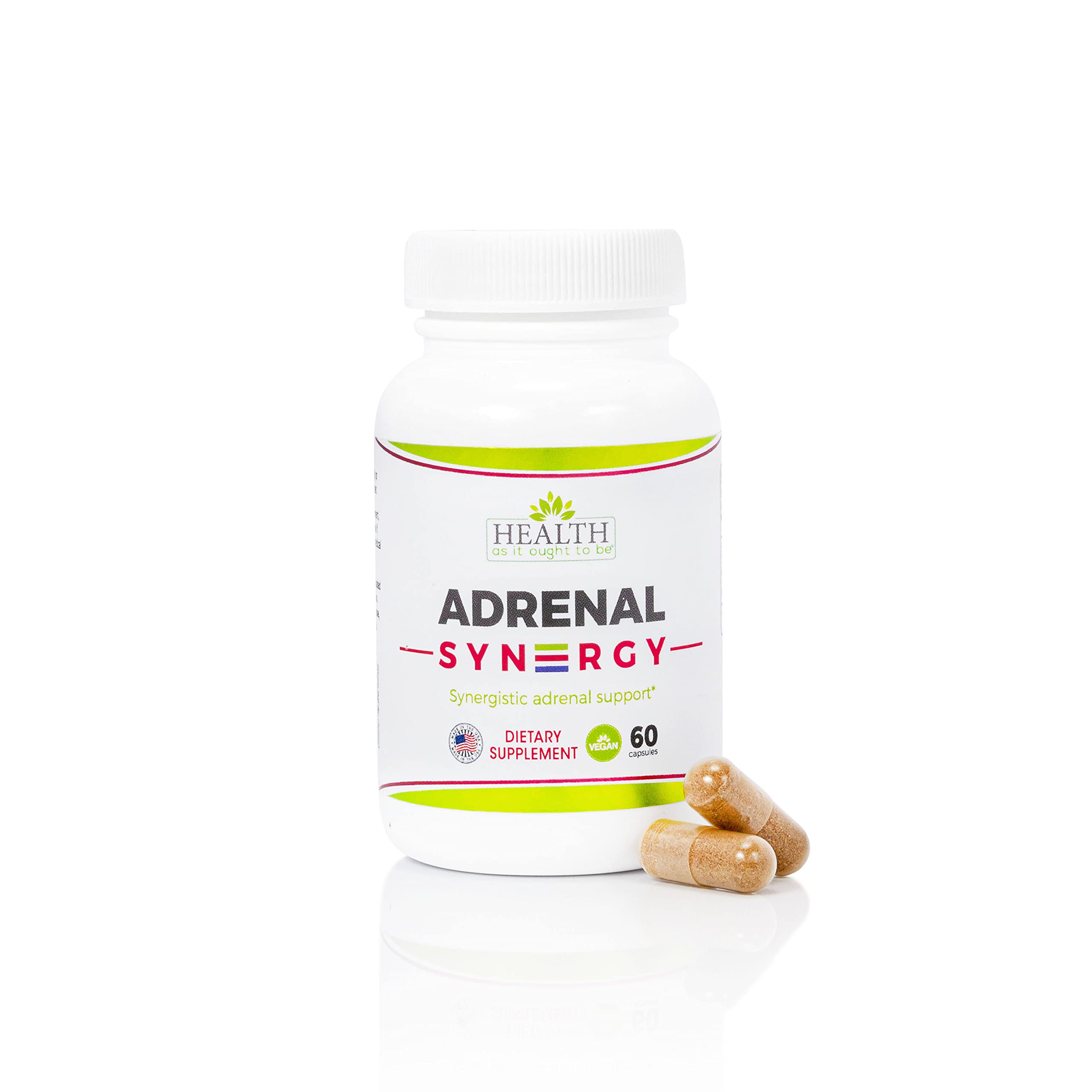 Health As It Ought To Be Adrenal Syn3rgy bottle shows a physician-formulated stress-support blend.