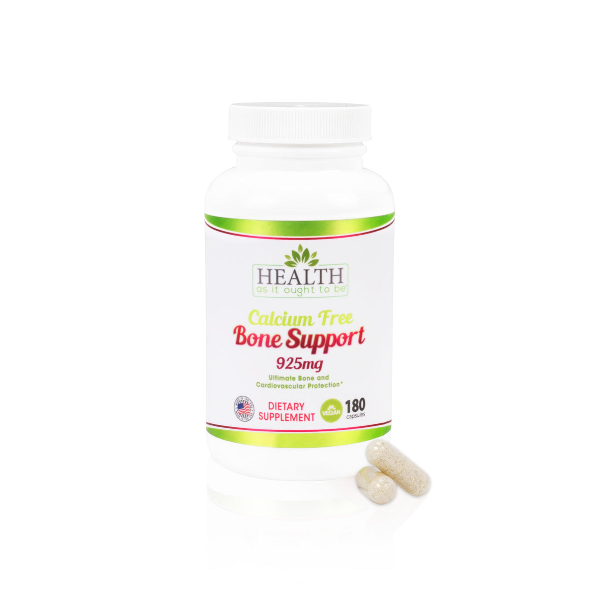 Health As It Ought To Be Calcium Free Bone Support bottle, convenient daily capsule for overall bone support.