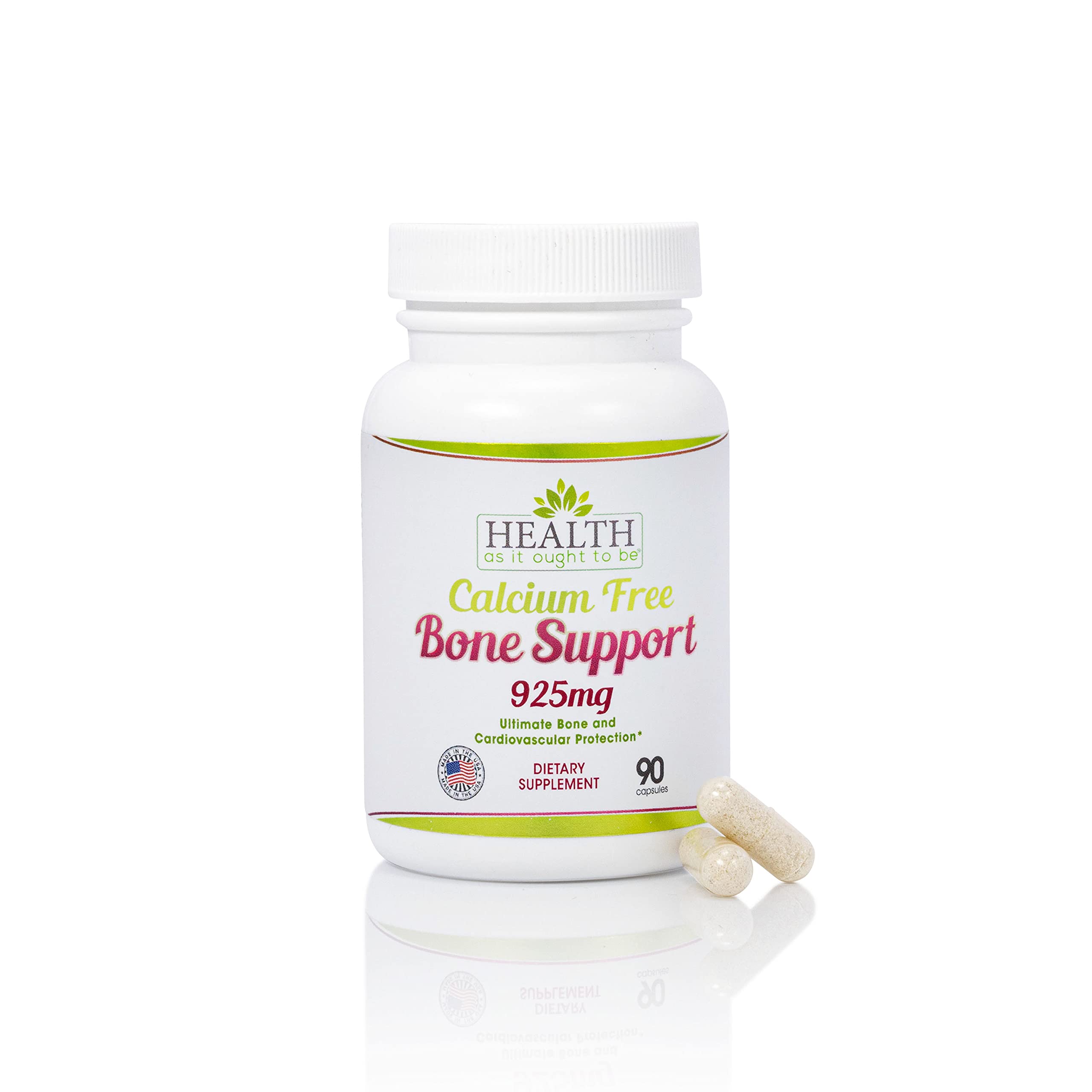 Health As It Ought To Be calcium-free bone support bottle close-up for daily bone care.