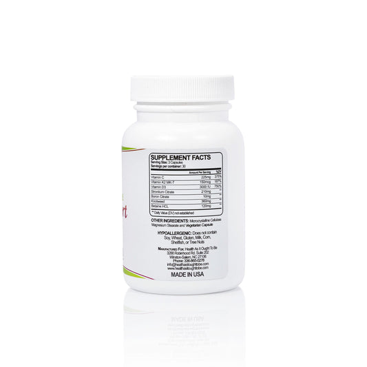 Health As It Ought To Be calcium-free bone support capsules close-up with natural ingredients.